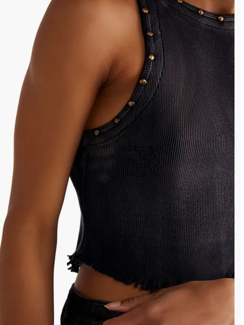 We The Free People Look Back At It Distressed Black Raw-Hem Studded Cropped Tank - Picture 3 of 16